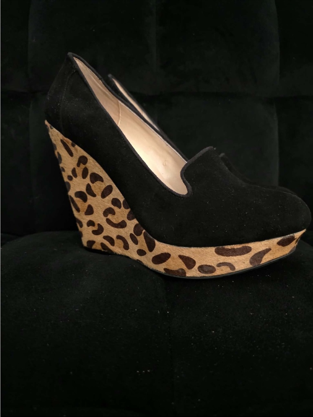 Chinese Laundry Black Suede Wedge Pumps with Leopard Platform